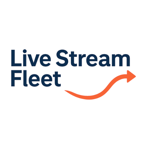 Logo with 'Live Stream Fleet' text and an orange arrow on a transparent background – provider of secure WebRTC and SRT transport solutions.