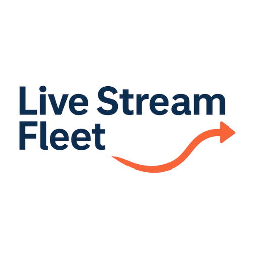Logo with 'Live Stream Fleet' text and an orange arrow on a transparent background – provider of secure WebRTC and SRT transport solutions.